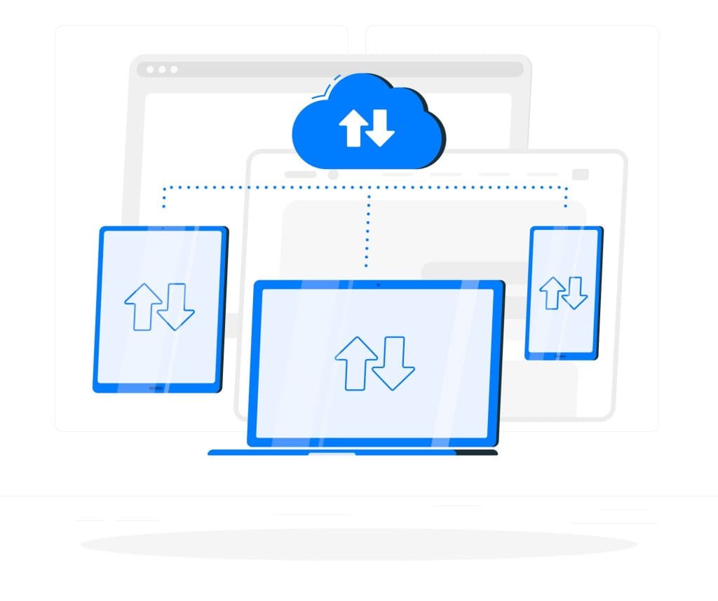 Illustration of multiple devices connected to a cloud service for data synchronization and backup.