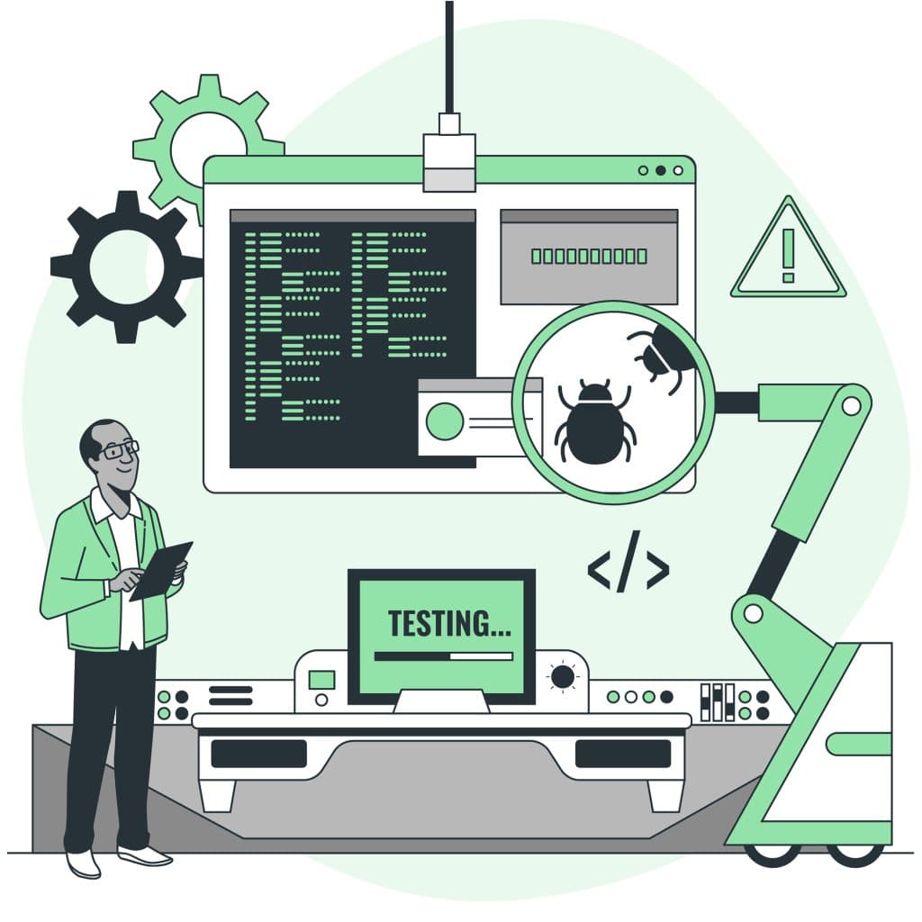 Illustration of a developer debugging code on a multi-screen setup, representing software testing and clean coding practices.