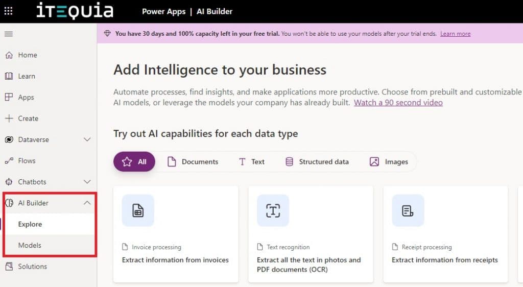Screenshot of AI Builder interface showing options for automating invoice and receipt processing.