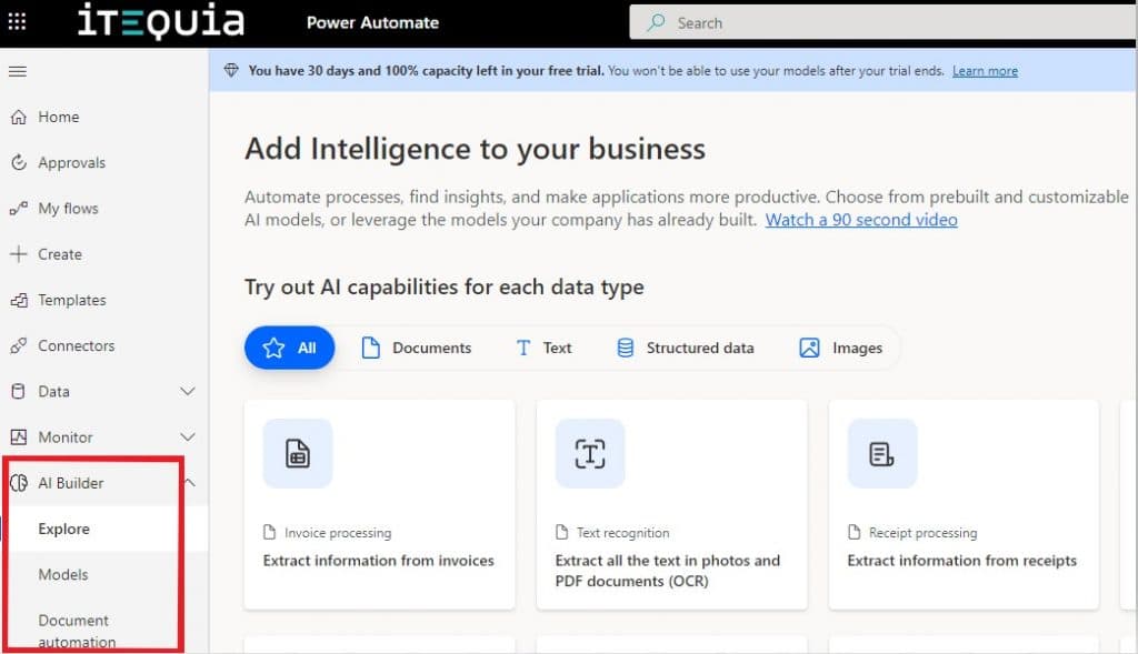 Power Automate interface displaying AI Builder options for automating business processes.