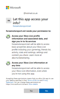 Screenshot of Microsoft OAuth consent screen requesting access to Xbox Live profile data on behalf of forzamotorsport.net.