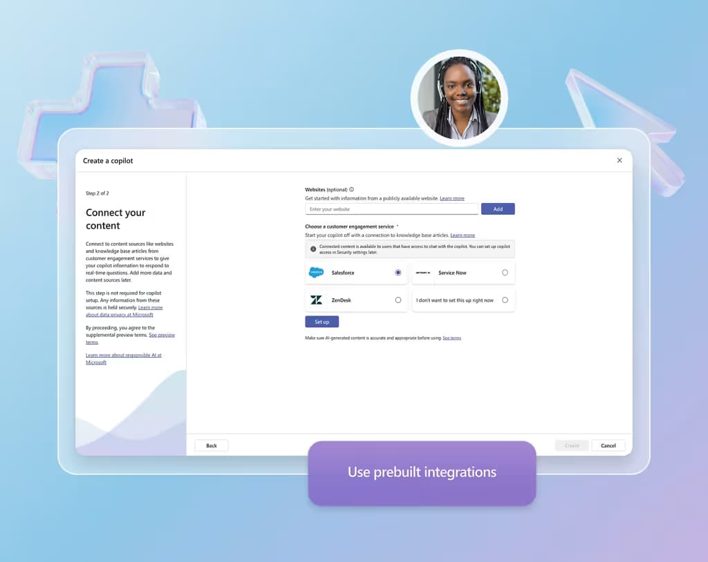User interface for creating a copilot with integration options for websites and services like Salesforce, ServiceNow, and Zendesk.