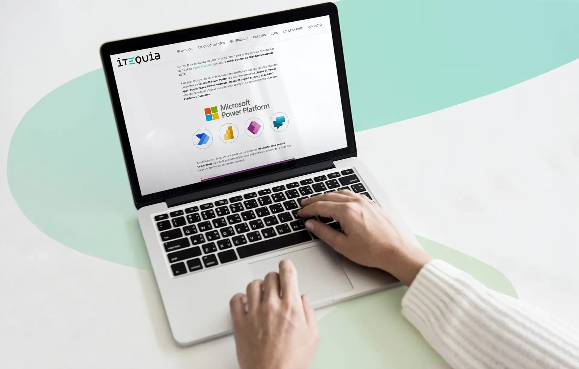Person using a laptop displaying the Itequia website with Microsoft Power Platform content and related icons.