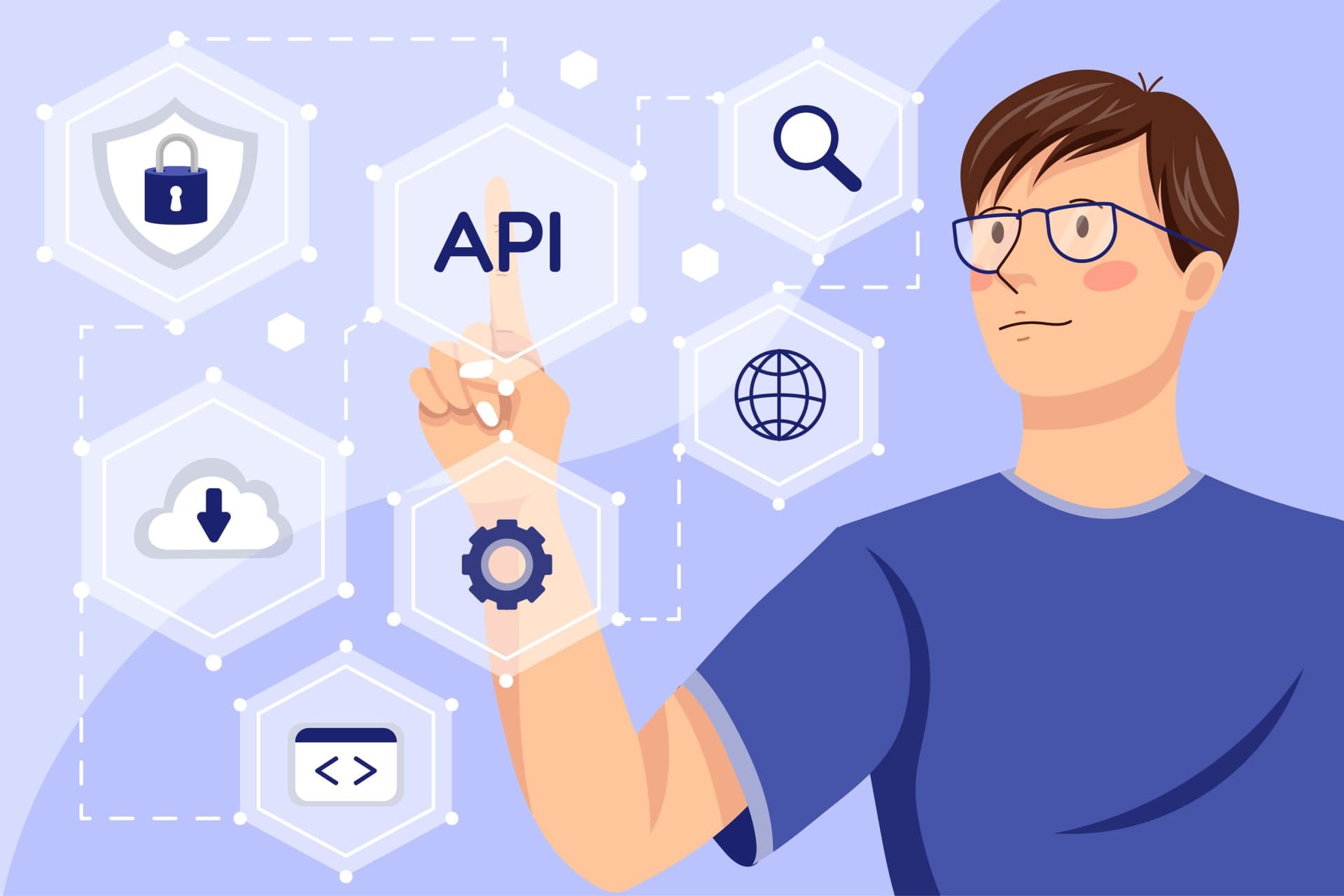 llustration of API security concept with a shield icon protecting interconnected systems and data flow.