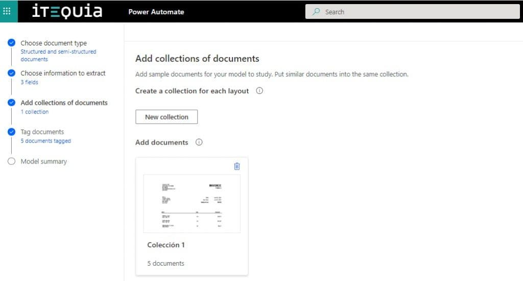 Interface for uploading document collections to train AI Builder models in Power Automate.