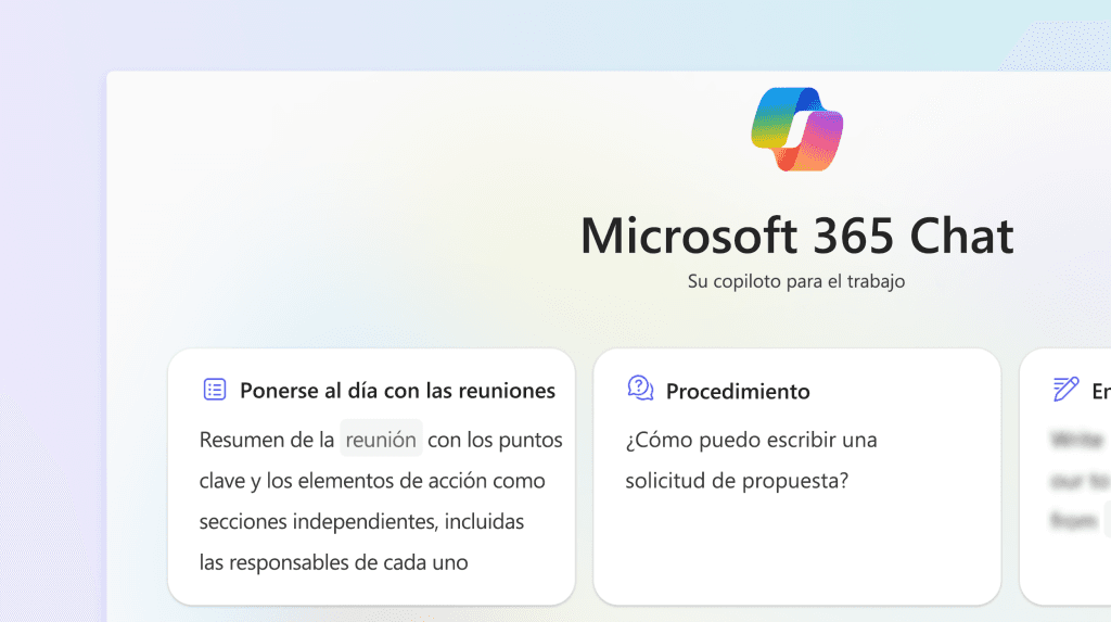 Microsoft 365 Chat interface summarizing meetings and assisting with procedural queries.