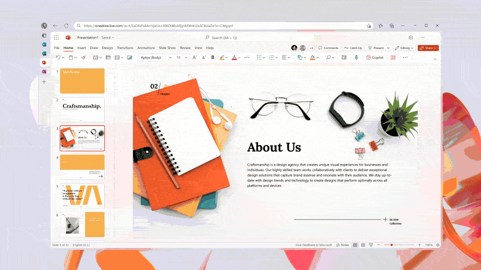 PowerPoint slide titled 'About Us' with design elements, created with assistance from Copilot.