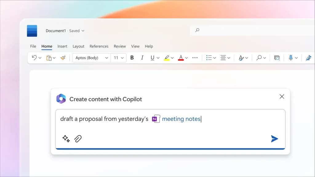 Copilot in Word drafting a proposal based on meeting notes from OneNote.