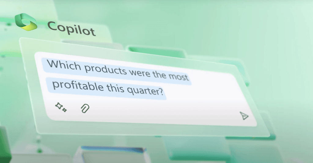 Copilot interface responding to a business query about the most profitable products this quarter.