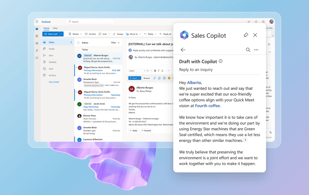 Email draft in Outlook assisted by Sales Copilot, promoting eco-friendly coffee solutions.