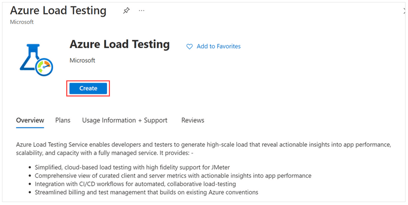 Screenshot of Azure Load Testing dashboard highlighting the “Create” button for starting a new test