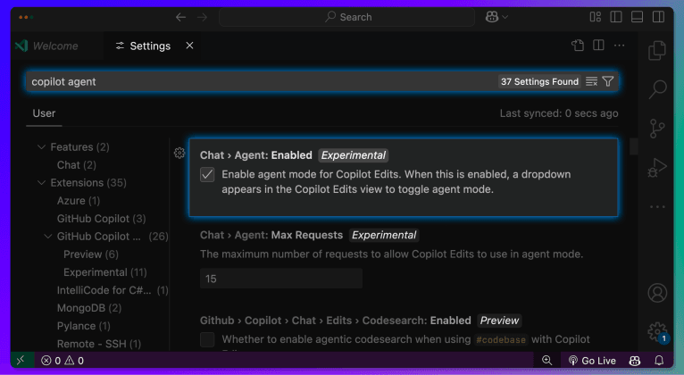 IDE settings screen showing option to enable Agent Mode for GitHub Copilot Edits.