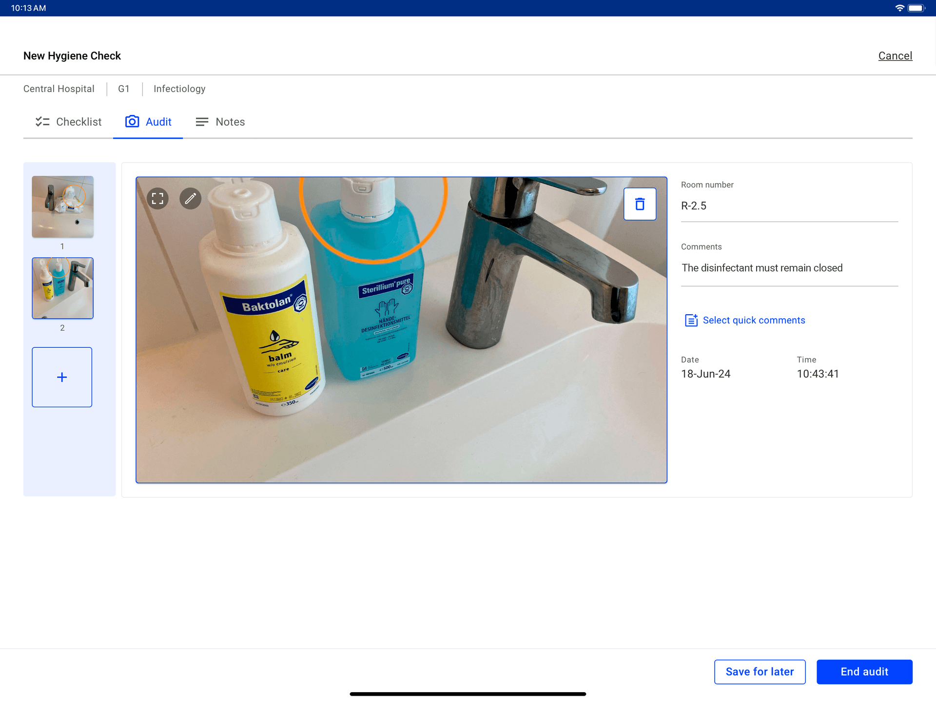 Hygiene Check — photo audit with visual annotation