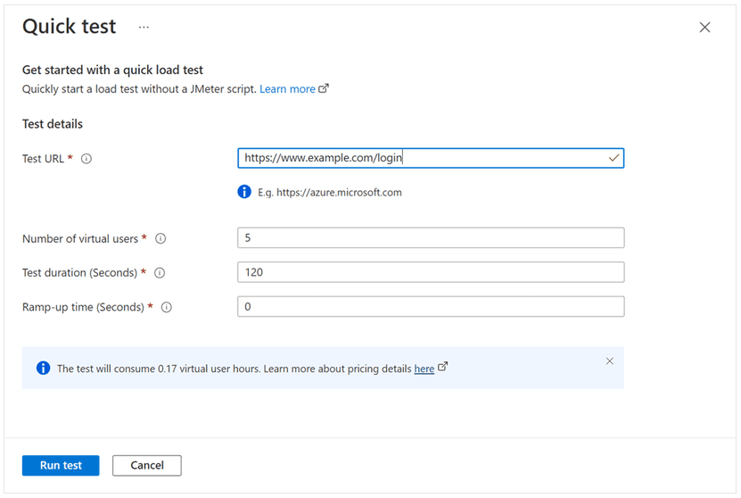 Screenshot of Azure Load Testing quick test configuration panel with fields for test URL, virtual users, duration, and “Run test” button