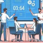Team collaborating in an office with a digital screen showing software development time estimation tools.