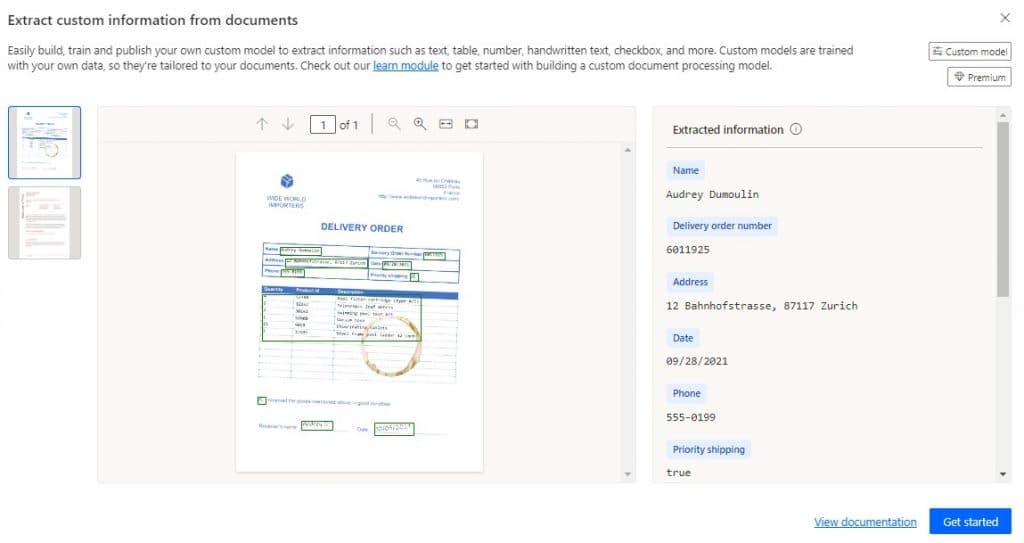 Example of AI Builder extracting fields from a delivery order document, including name, address, and priority status.