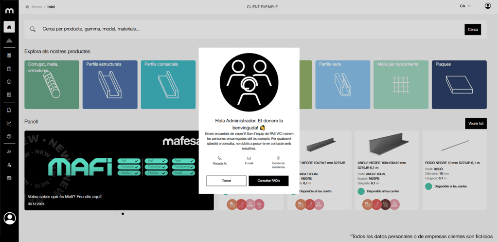 Welcome screen of Mafesa's client portal showing product categories and greeting message in Catalan.