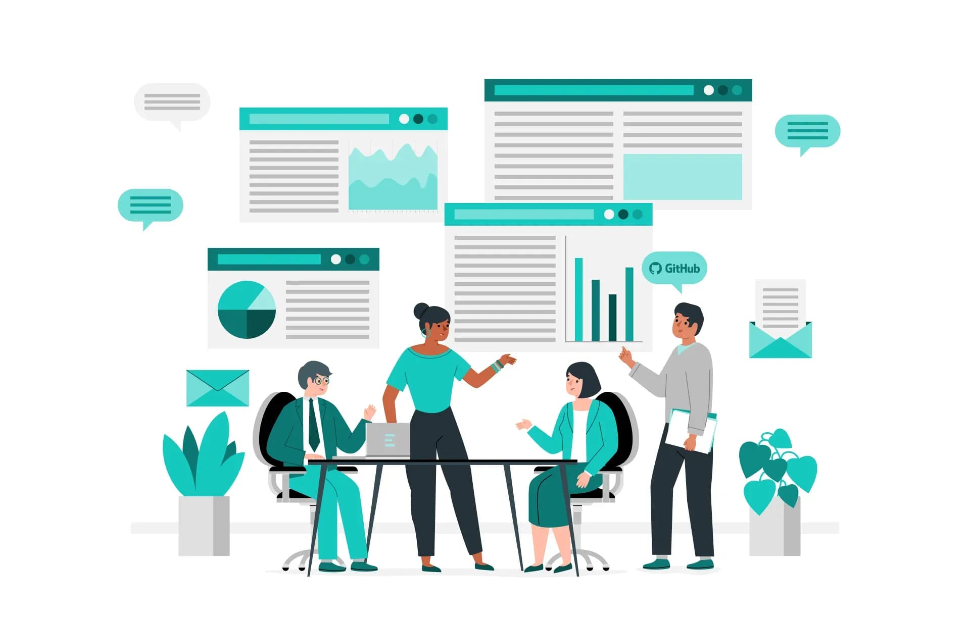 Illustration of four people collaborating around a table with laptops and documents, discussing data visualizations and software development, with GitHub branding in the background.