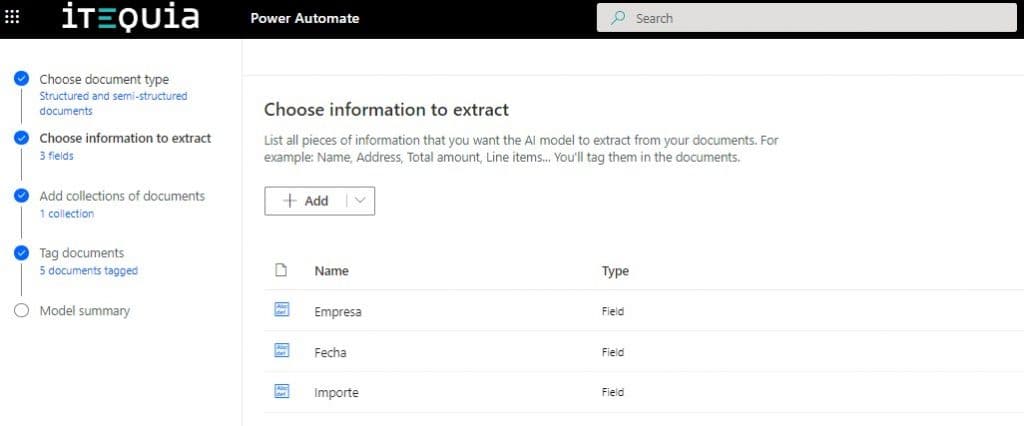 Power Automate interface for selecting fields to extract from invoices, such as company, date, and amount.