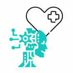 Illustration of human head silhouette with gears and heart icon showing AI in healthcare.