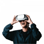Individual wearing VR goggles engaging with immersive technology powered by AI.