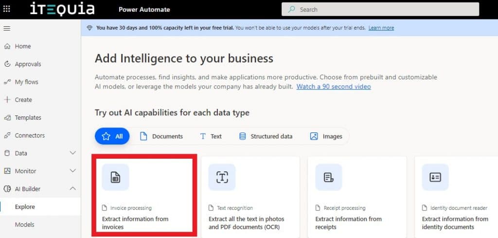 Power Automate interface highlighting invoice data extraction using AI Builder.
