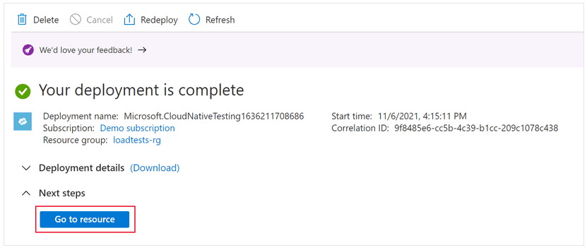 Screenshot of Azure portal showing deployment confirmation and “Go to resource” button to access the newly created Azure Load Testing resource