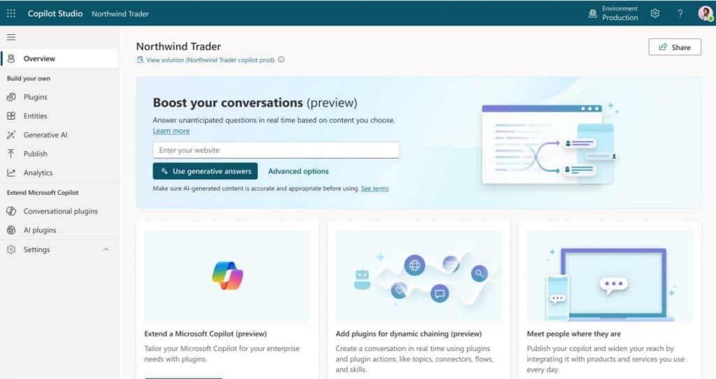 Copilot Studio interface for configuring generative answers, plugins, and publishing copilots in an enterprise environment.