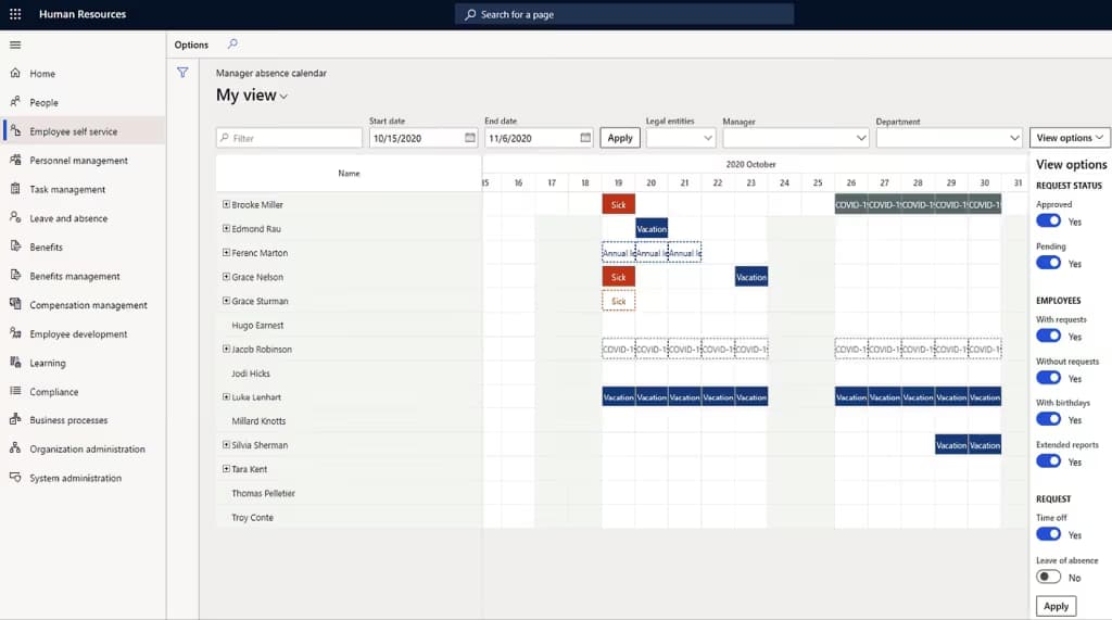 Manager absence calendar in a human resources system showing employee sick leave and vacation days for October 2020.