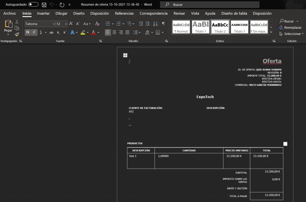 Word document titled Offer for ExpoTech with client billing details and product pricing totaling €13,200.