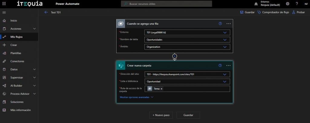 Power Automate interface showing a flow to create a folder when a new row is added to Opportunities in SharePoint.