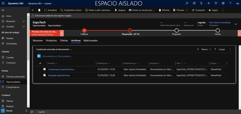 Dynamics 365 opportunity screen for ExpoTech with sales process timeline and associated documents.