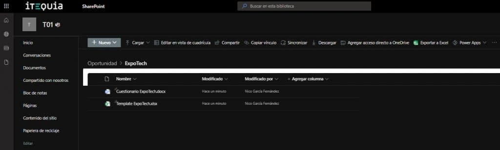 SharePoint library listing ExpoTech documents: questionnaire and template modified by Nico Garcia Fernandez.