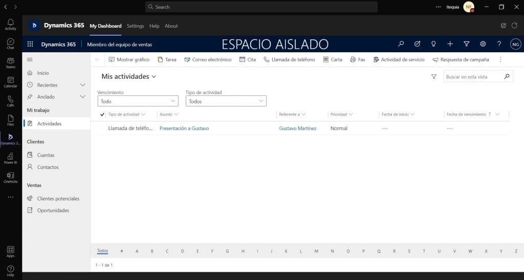 Split screen showing Microsoft AI Business School email and contact details for Gustavo Martinez in Dynamics 365.