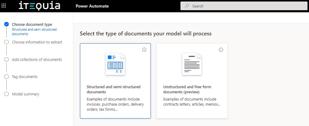AI Builder interface showing document type selection for invoice processing automation.