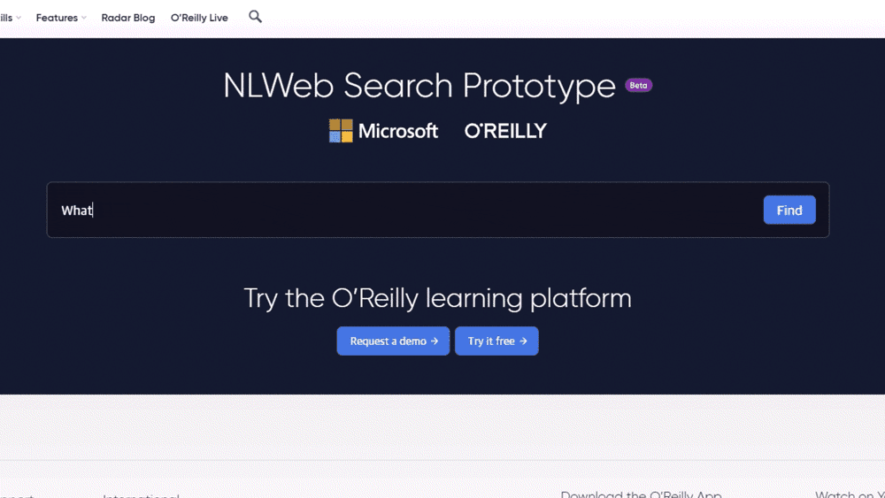 Screenshot of the NLWeb Search Prototype interface with Microsoft and O'Reilly logos, a search bar, and buttons for requesting a demo or trying O'Reilly for free.