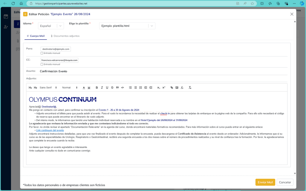 Email editor interface for confirming event participation with structured message under Olympus Continuum branding.