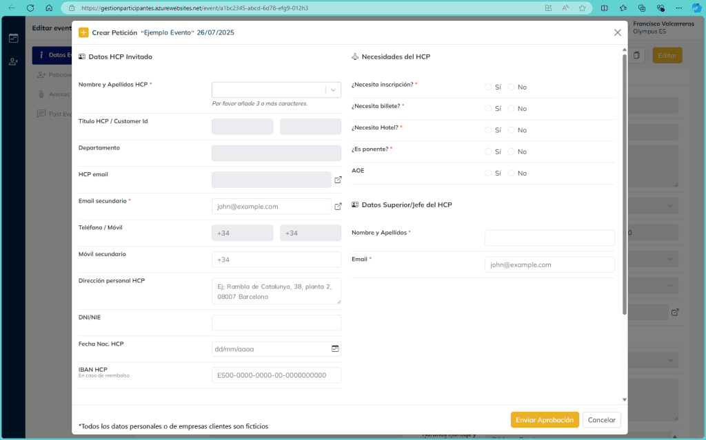 Screenshot of Olympus event request form with fields for personal and logistical details of healthcare professionals.