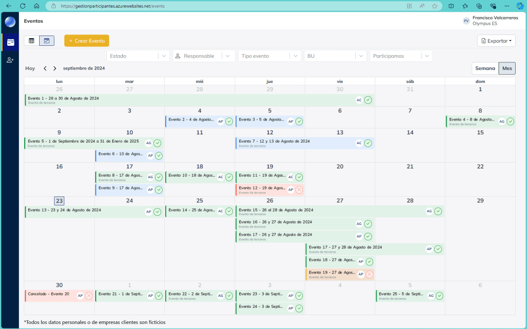 Calendar interface showing scheduled Olympus events with color-coded labels for different types and statuses.