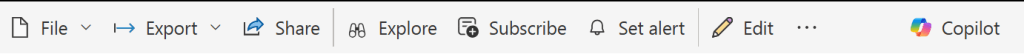 Power BI toolbar with options like File, Export, Share, Explore, Subscribe, Set alert, Edit, and Copilot.