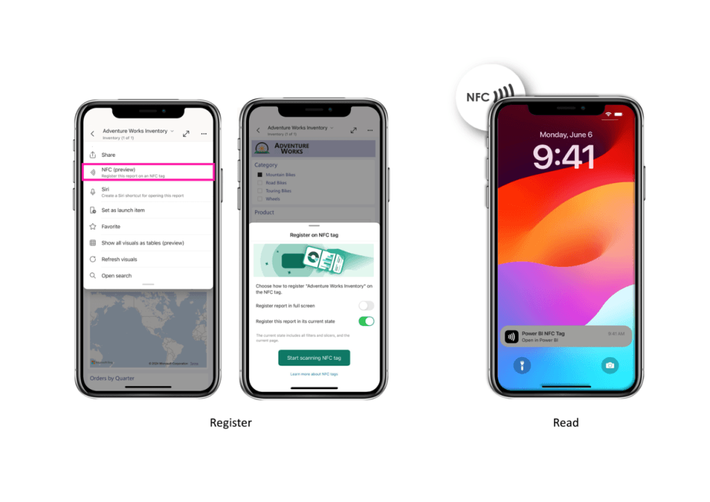 Two smartphones showing NFC tag registration and reading process in Adventure Works Inventory app on iOS devices.