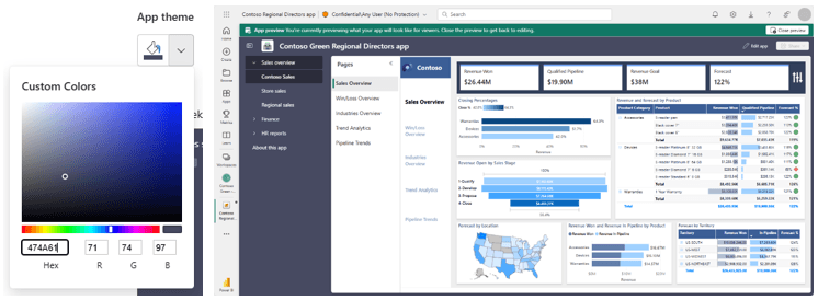 Power BI app theme customization interface with hex color input and dashboard displaying sales metrics and maps.