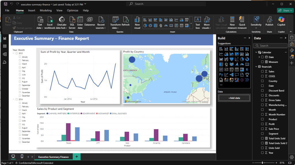 Executive Summary Finance Report in Power BI Desktop with dark mode interface