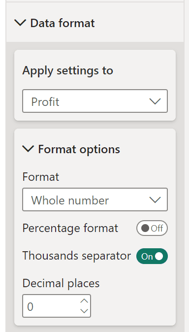 Power BI Data format settings panel allowing field-specific formatting options such as whole number or percentage.