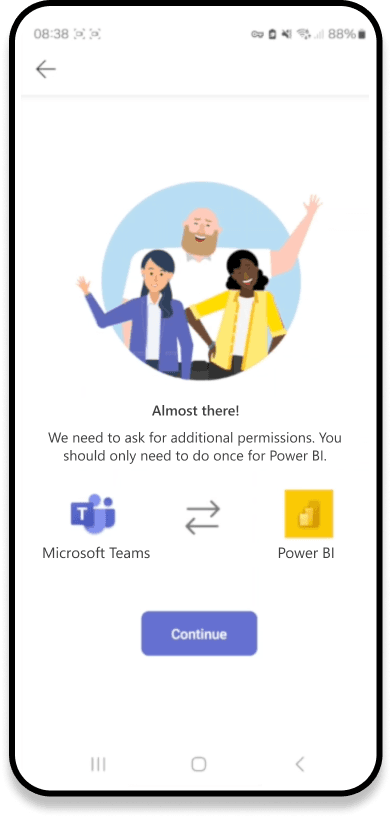 Mobile screen requesting additional permissions for Power BI integration with Microsoft Teams, featuring illustration of three people waving.