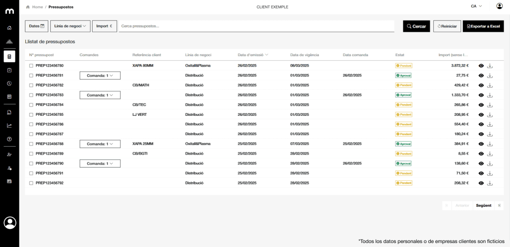 Screenshot of Mafesa's portal displaying a list of client quotes with status and action options.