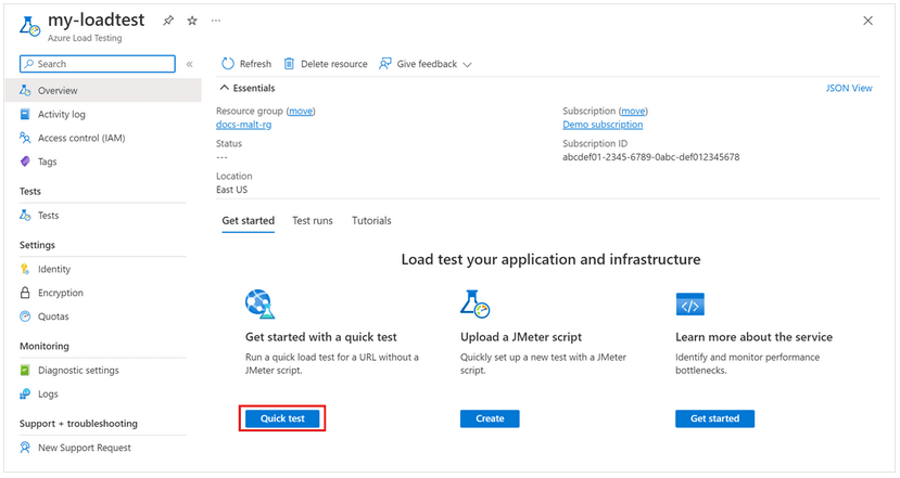 Screenshot of Azure Load Testing Resource Overview page highlighting the “Quick test” option under the Get started tab