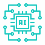 Microchip icon with AI label and circuit lines symbolizing artificial intelligence technology.