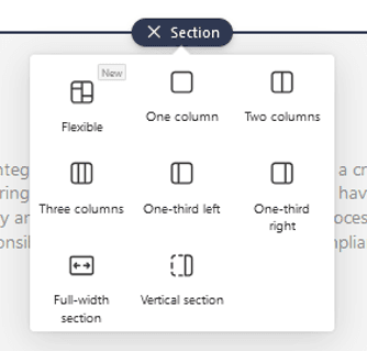 SharePoint section layout menu showing options like Flexible, One column, Two columns, Full-width, and Vertical section.
