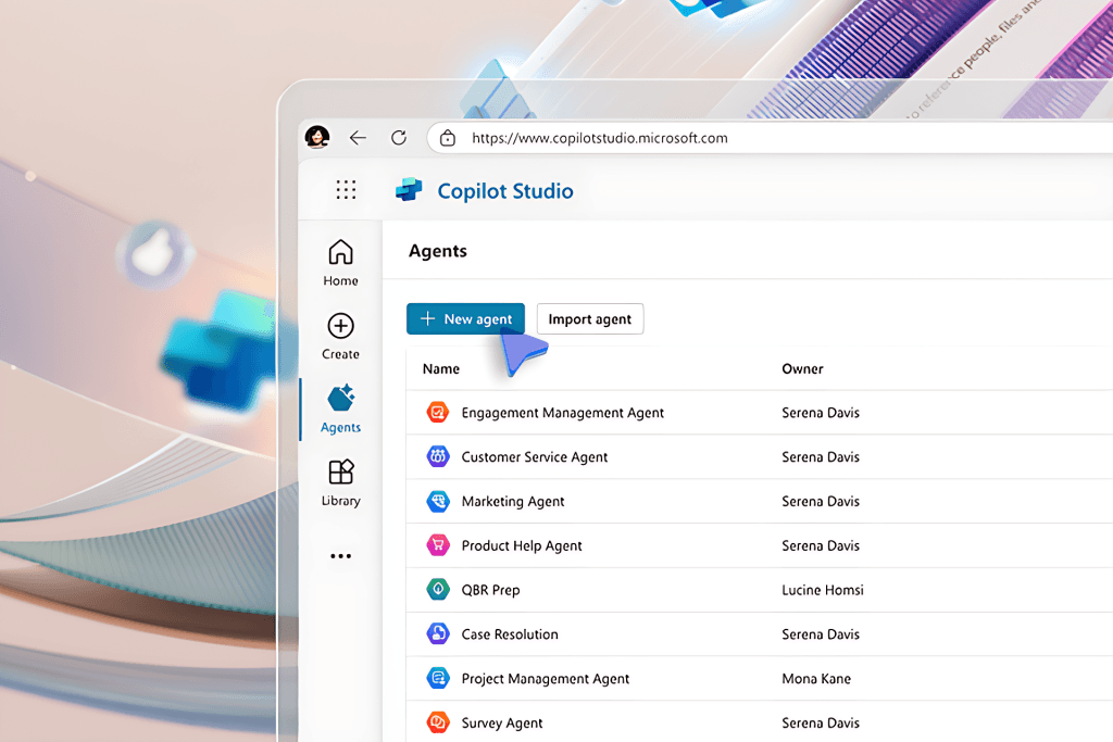Screenshot of Copilot Studio interface displaying a list of agents such as Marketing Agent and Project Management Agent, with options to create or import agents and view ownership details.

